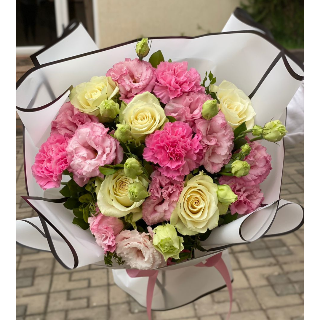 White Roses, pink Lisianthus and carnations- Mix Flowers